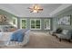 A spacious main bedroom with carpet flooring, a ceiling fan, and large windows with backyard views at 606 Churton Grove Blvd, Hillsborough, NC 27278