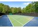 Well-maintained tennis court surrounded by trees, offering a private space for recreation at 606 Churton Grove Blvd, Hillsborough, NC 27278