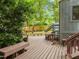 Expansive wooden back deck with built-in benches, great for outdoor entertaining at 61 Stone Ledge, Pittsboro, NC 27312