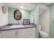 Basement bathroom featuring neutral wall color, framed mirror, and ample vanity counter space at 612 Swift Ave, Durham, NC 27701
