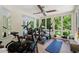 Bright exercise room featuring large windows and a variety of workout equipment, including bike and free weights at 612 Swift Ave, Durham, NC 27701