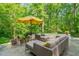 Backyard patio lounge area with comfortable seating and an umbrella for shade at 612 Swift Ave, Durham, NC 27701