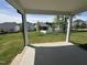 Covered patio overlooks a large, green backyard with young trees and a view of neighboring houses at 1033 Bostonian Dr, Knightdale, NC 27545