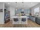 Stylish kitchen boasting blue cabinetry, a central island with seating, and stainless steel appliances at 1236 Shadow Shade, Wake Forest, NC 27587