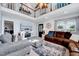 Bright living room with soaring ceilings, comfortable furniture, and open view to second story at 128 Christy Ln, Dunn, NC 28334