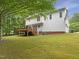 This home features a spacious wooden deck overlooking the lush, green backyard at 150 Remington Ct, Youngsville, NC 27596