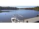 Scenic waterfront view featuring a boat, dock, and calm lake surrounded by trees at 309 Cross Hill Ln, Holly Springs, NC 27540