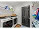 Laundry room with a modern washer and dryer and ample storage shelves at 4112 Huckleberry Dr, Raleigh, NC 27612