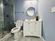 Modern bathroom features a stand alone vanity, toilet, and glass enclosed shower at 425 Price Ave, Durham, NC 27707