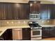 Modern kitchen with dark cabinets, stainless steel appliances, and granite countertops at 532 Matheson Pl, Cary, NC 27511