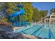 Fun-filled pool area with a waterslide and plenty of lounge chairs for relaxing by the water at 81502 Alexander, Chapel Hill, NC 27517