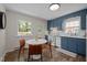 Cozy kitchen boasts stylish blue cabinets, white countertops, modern appliances, and a bright, airy eat-in area at 1208 W Murray Ave, Durham, NC 27704