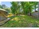 Expansive backyard features a wooden deck, a fenced yard and mature trees at 1220 Sherbrooke Ct, Raleigh, NC 27612