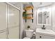 Bathroom featuring a shower, vanity and open shelves at 1220 Sherbrooke Ct, Raleigh, NC 27612