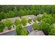 Aerial view of townhomes surrounded by lush greenery and mature trees at 1231 Silver Beach Way, Raleigh, NC 27606