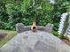 Landscaped backyard patio featuring a stone fire pit, lovely stone wall, and surrounding greenery at 1309 Bartlett Cir, Hillsborough, NC 27278