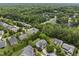 Scenic aerial shot of a vibrant community with lush greenery, a tranquil lake, and well-spaced homes at 1612 Rainesview Ln, Apex, NC 27502
