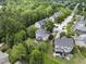 Serene aerial view of a neighborhood nestled among lush trees, featuring well-maintained homes and landscaped yards at 1612 Rainesview Ln, Apex, NC 27502