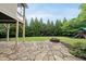 Large, well-maintained backyard featuring a stone patio and fire pit at 1612 Rainesview Ln, Apex, NC 27502