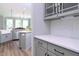 Modern kitchen featuring stainless steel appliances, subway tile backsplash, gray cabinets and countertops, and a breakfast bar at 3002 Dog Rose Dr # 310, Durham, NC 27703