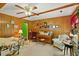 Living area featuring wood paneling, a ceiling fan, comfortable seating, and carpet floors at 305 Reynolds N Ave, Durham, NC 27707