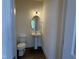 Half bathroom features a pedestal sink, round mirror, and modern lighting at 367 Whitley Ridge Dr, Clayton, NC 27527