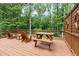 Exterior wooden deck with picnic table and wooden chairs, surrounded by lush trees at 421 Ridgefield Rd Rd, Chapel Hill, NC 27517