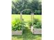 Raised garden beds with plants and wooden archway on a sunny lawn at 45 Leighann S Ct, Timberlake, NC 27583