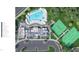 Aerial view displaying the range of community amenities, including the resort pool, pickleball courts, and clubhouse at 5228 Bowes Meadow Ct # 15, Raleigh, NC 27610