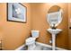Stylish powder room features a pedestal sink, round mirror, and modern black fixtures at 55 E American Marigold Dr # 36, Benson, NC 27504