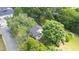 Aerial view of a home nestled among mature trees in a quiet, residential neighborhood at 701 Veterans Dr, Elon, NC 27244
