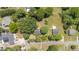 Aerial view showcasing a charming home nestled among mature trees in a serene, residential area at 701 Veterans Dr, Elon, NC 27244