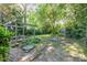 Spacious backyard with mature trees, a brick patio with a pergola, and a fire pit at 206 N State St, Raleigh, NC 27601