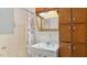 A full bathroom with vanity, mirror, and a shower with curtain at 3899 Warrenton Rd, Henderson, NC 27537
