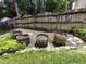 Picturesque backyard featuring barrel planters and a stone-lined garden at 9009 Miranda Dr, Raleigh, NC 27617