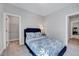 Cozy bedroom with blue accents featuring a bed, ensuite bathroom and walk-in closet at 200 Chateau Way, Angier, NC 27501