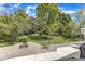 Spacious backyard with a fire pit, mature trees, and a well-maintained lawn at 2006 Keokuk Ct, Apex, NC 27523
