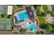 Aerial perspective shows the pool area and its many features, including slides, lap lanes, and lounge areas for residents at 2096 Dowell Ct, Burlington, NC 27215