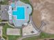 Overhead shot of the community pool, playground, sand volleyball court, and scenic lake access at 522 Crossview Ln, Durham, NC 27703