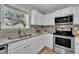 Close up of a modern kitchen with stainless steel appliances, granite counters, tiled backsplash, and white cabinets at 522 Crossview Ln, Durham, NC 27703