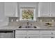 Close up of a modern kitchen sink with stainless steel appliances, granite counters, tiled backsplash, and white cabinets at 522 Crossview Ln, Durham, NC 27703