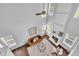 Aerial view of cozy living room featuring fireplace, modern furniture, tall ceilings, and plenty of natural light at 522 Crossview Ln, Durham, NC 27703