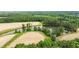 Aerial view of farm land with a pond surrounded by trees and greenery at 5916 Two Pines Trl, Wake Forest, NC 27587
