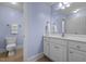 Bright bathroom featuring blue walls, white vanity, and a toilet with a coordinated towel set at 5916 Two Pines Trl, Wake Forest, NC 27587