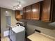 Functional laundry room with a washer, dryer, upper cabinets, and countertop space at 704 S Mineral Springs Rd, Durham, NC 27703