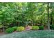 Secluded backyard with mature trees, lush bushes, and a bird feeder, offering a private retreat at 713 Liberty Cliff Dr, Cary, NC 27519
