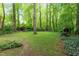 Expansive backyard featuring a fire pit and a playhouse, surrounded by lush greenery and mature trees at 12709 Timberlane Ct, Raleigh, NC 27613