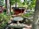 Backyard view of a picnic table, a shed, and a detached garage at 1713 S Garnett St, Henderson, NC 27536