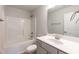 Well-lit bathroom featuring a shower-tub combo, single sink vanity with gray cabinets, and a toilet at 301 New Twin Br Ct, Smithfield, NC 27577