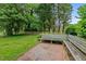 Serene backyard with a brick patio, wooden benches, and lush greenery surrounded by a wooden fence at 307 Pine Tree Rd, Oxford, NC 27565